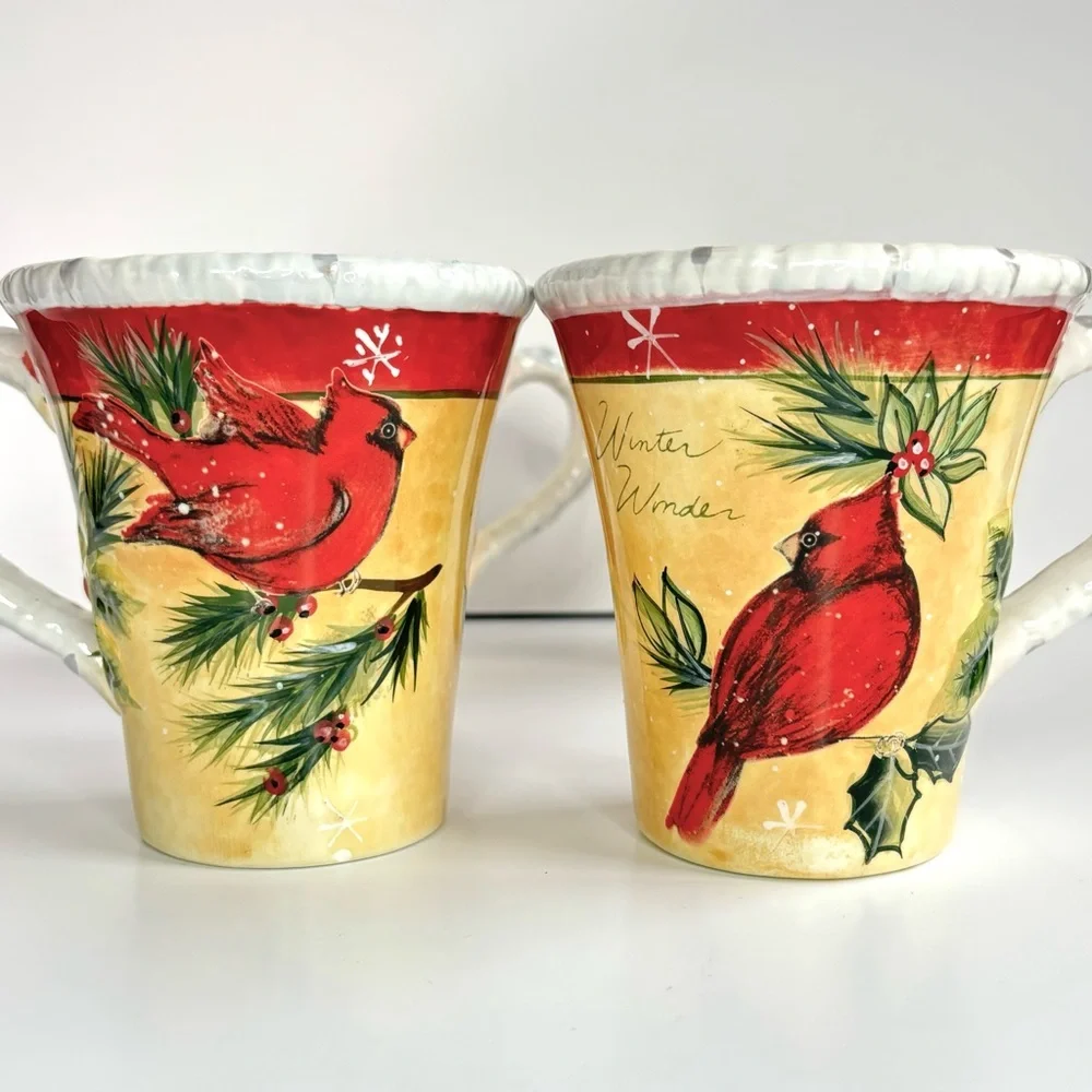 Pier1 Hollybirds Set of Four Winter Holiday Cardinal Birds‎ Coffee Mugs EUC